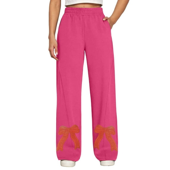 Yuanlong Womens Pants Fashion Bow Embroidered Smoked High Waist Sweatpants Daily Outings Oversized Trousers With Pockets