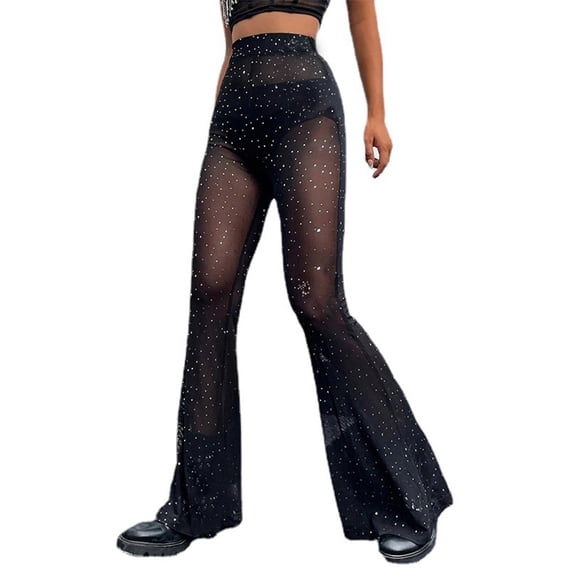 Yuanlong Womens Pants High Rise Sheer Mesh Rhinestone Flare Pants Fitted Sparkle Stylish Club Night Out Stage Party Trousers