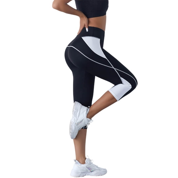 Yuanlong Womens Pants High Waist Color Block 7/8 Length Capri Yoga Leggings Stretchy Breathable Spring Workouts Trousers