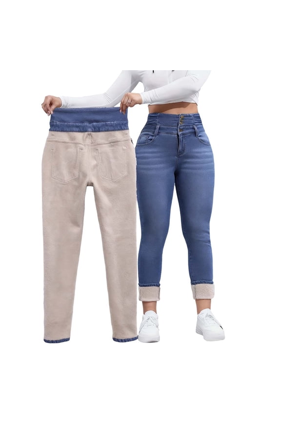 Womens Pants High Waist Fleece-Lined Denim Jeans Warm Slim-Fit Winter Wear Comfortable Stretchy Trousers For Lady