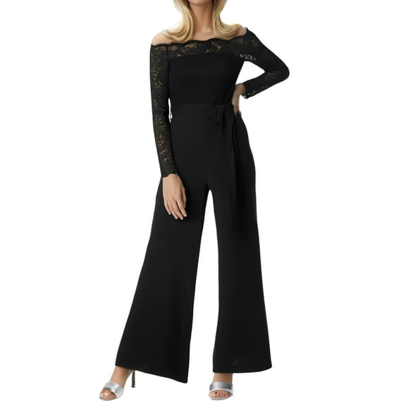 Yuanlong Womens Pants Lace Off The Shoulder Straight Wide-Leg Jumpsuit Trousers Party Gatherings Elegant Flowy Playsuits