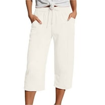Yuanlong Womens Pants Lady Drawstring Elastic Waisted Straight Leg Cropped Trousers Plain Casual Capri Pants With Pockets