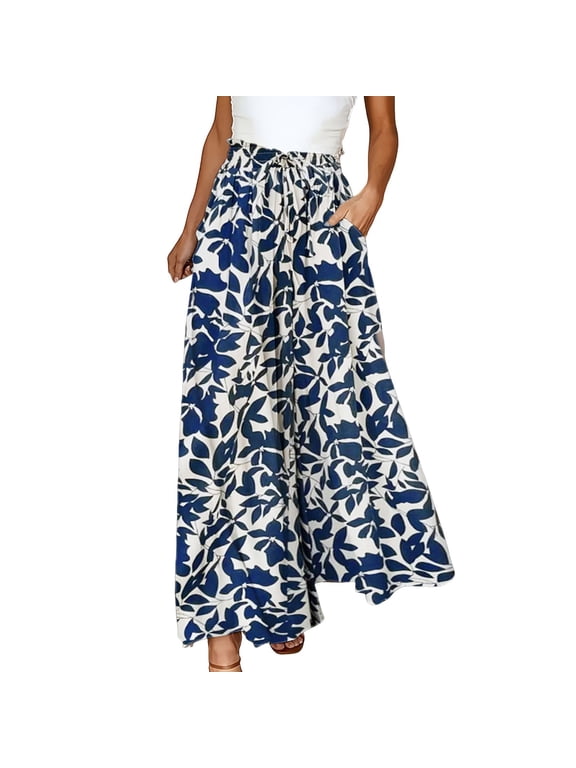 Womens Pants Leaf Print Wide Leg Palazzo Pants Elastic High Waist Loose Flowy Elegant Vacation Beach Casual Trousers