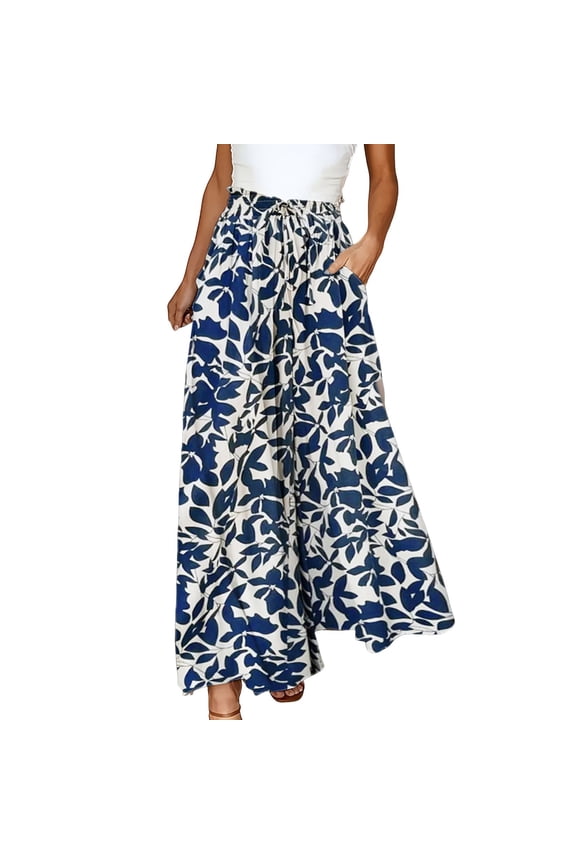 Womens Pants Leaf Print Wide Leg Palazzo Pants Elastic High Waist Loose Flowy Elegant Vacation Beach Casual Trousers