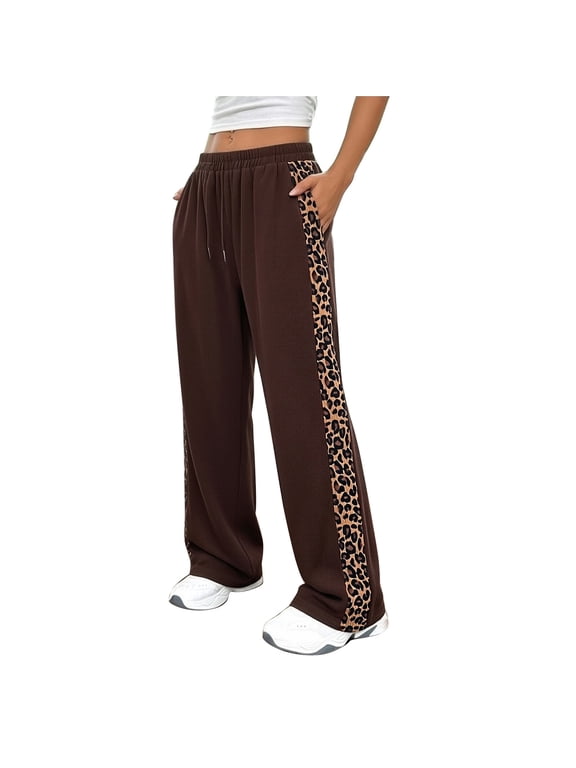 Womens Pants Leopard Print Side Leopard Print Wide Leg Pants With Elastic Waist Everyday Wear Athletic Trousers