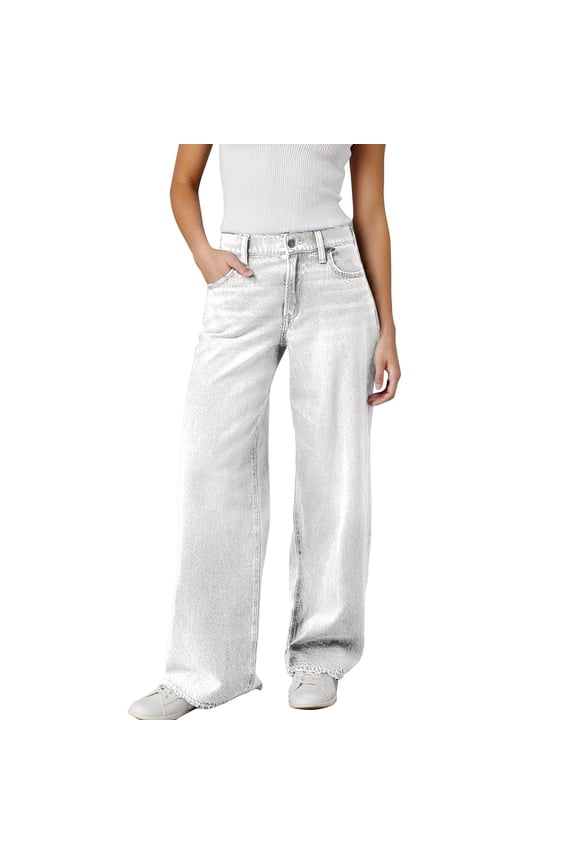 Womens Pants Solid High Waist Wide Leg Denim Jeans Retro Stylish Streetwear Daily Relaxed-Fit Trousers For Lady