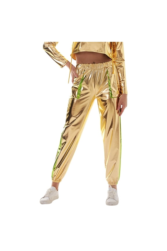 Womens Pants Patent Leather Side Stripe Elastic Waist Jogger Pants Streetwear Trendy Carnival Wear Lady Trousers