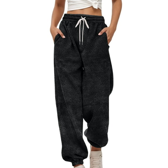 Yuanlong Womens Pants Plain Drawstring Elastic Waist Wide Leg Velvet Sweatpants Winter Outing Loose Pockets Lady Tapered Trousers
