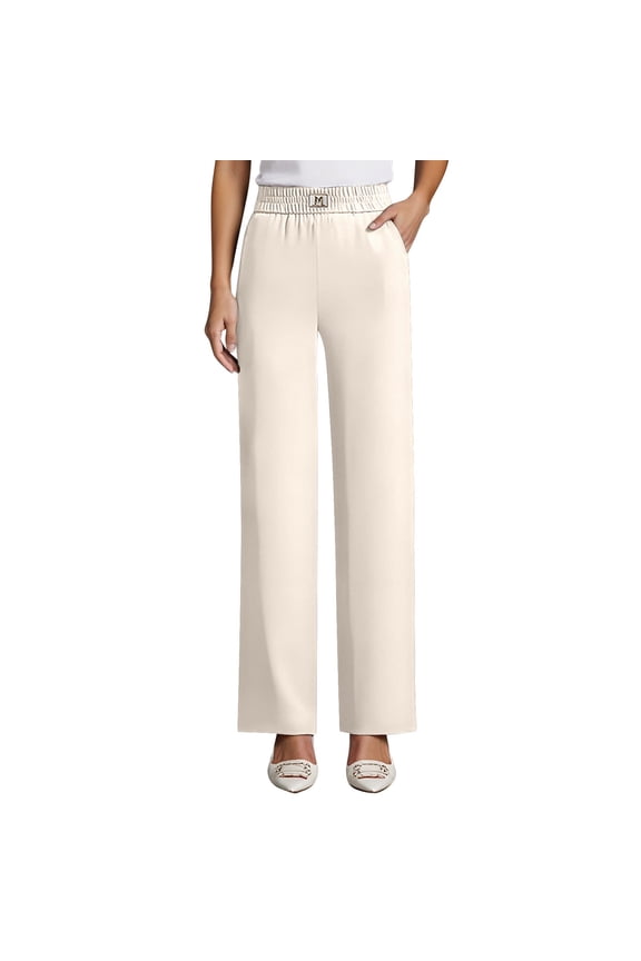 Womens Pants Plain Elastic High Waist Decorative Buckle Wide Leg Pants Elegant Casual Work Daily Loose Trousers