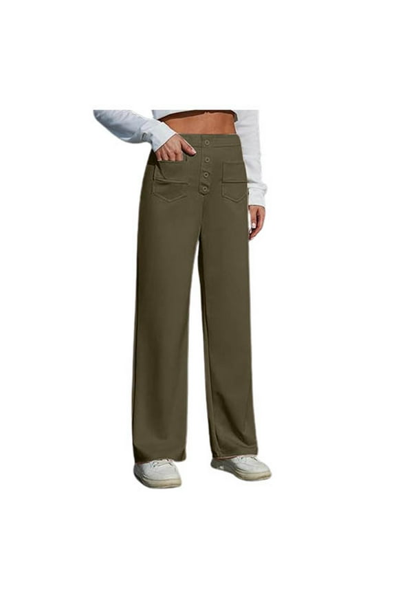 Womens Pants Plain Elastic Tight Waist Straight Wide Leg Pants Daily Commute Pockets Button Down Lady Trousers