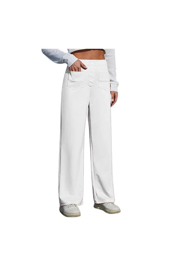 Womens Pants Plain Elastic Tight Waist Straight Wide Leg Pants Daily Commute Pockets Button Down Lady Trousers