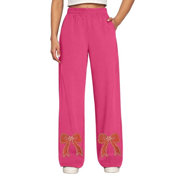 Yuanlong Womens Pants Red Bow Embroidered Pattern High Waisted Wide Leg Sweatpants Autumn Winter Bottom Sporty Trousers