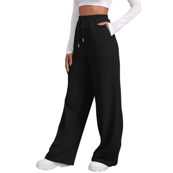 Yuanlong Womens Pants Solid Pocket Straight Wide Leg Lined Sweatpants Outdoor Drawstring Elastic Waist Joggers Trousers