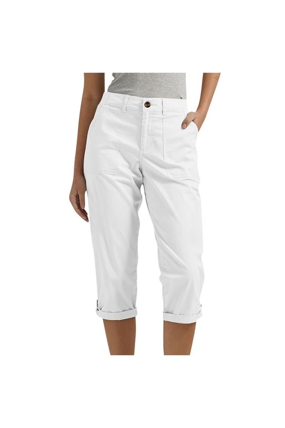 Womens Pants Summer Solid Button Front Straight Slim Leg Trouser Holiday Travel Three Quarte Pants With Pockets