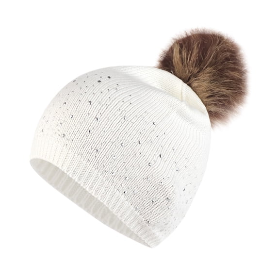 Yuanlong Womens Pompom Beanie Hat Rhinestone Decor Winter Thermal Skull Cap Soft Stretchy Windproof Casual Outdoor Ski Headwear