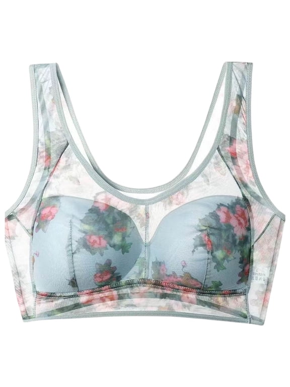 Womens Push Up Bra Floral Mesh Wireless Molded Cup Bralette Wide Strap Racerback Breathable Comfort Daily Sleep Bra