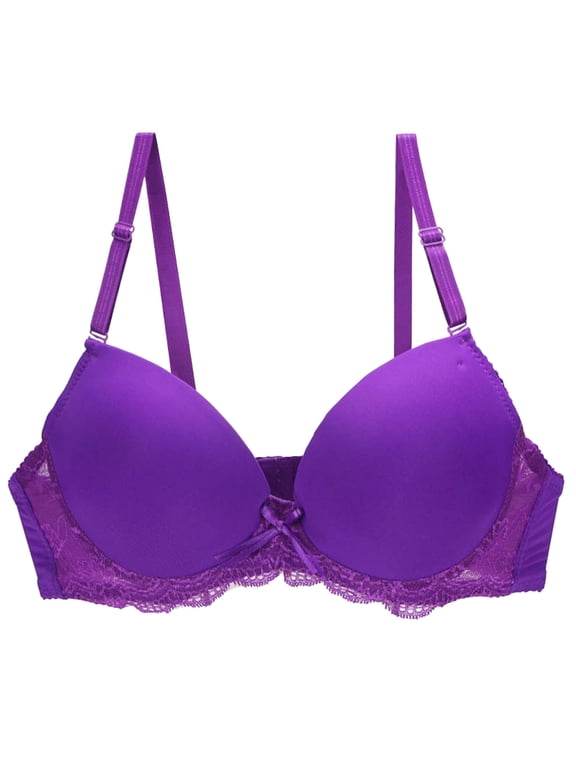 Womens Push Up Bra Underwire Lace Trim Shaping Bra Padded Side Support Adjustable Thin Strap Back Closure Comfort Bra