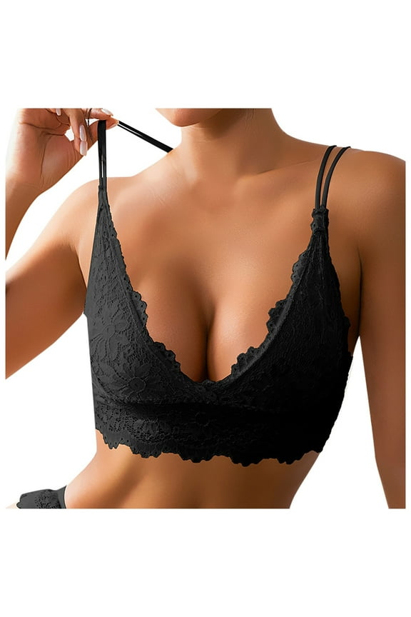 Womens Push Up Bra Wireless Deep V Lace Bralette Fixed Padding Adjustable Double Strap Pullover Stylish Everyday Bra