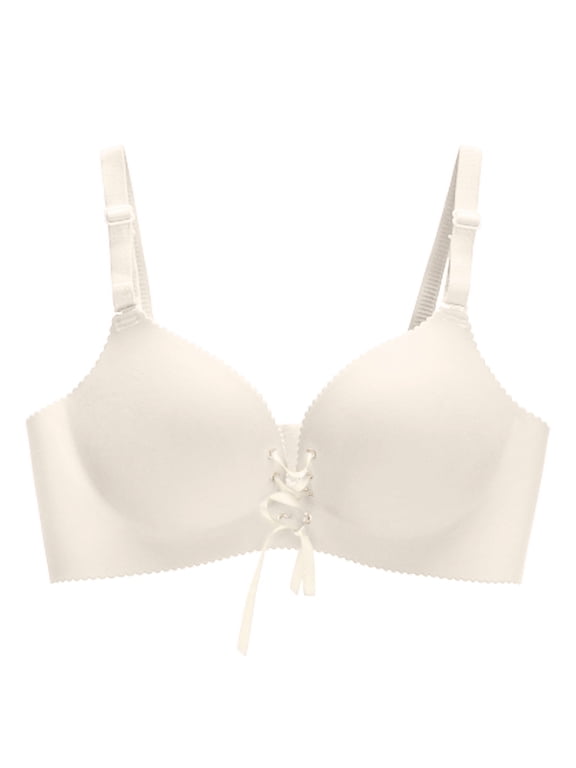 Womens Push Up Bra Wireless Seamless Fixed Padding Bralette Front Lace Up Drawstring Adjustable Strap Daily Shaping Bra