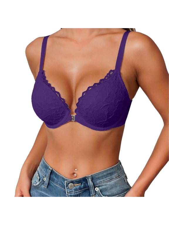 Womens Push Up Bras Front Closure Underwire Lightly Padded Floral Lace Bralette Adjustable Strap Everyday Comfort Bras