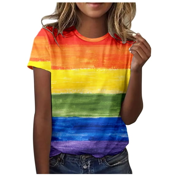 Yuanlong Womens Rainbow Gradient Print Tshirts Crew Neck Short Sleeve Loose Fit Tee Casual Loose Fit Comfort Summer Stylish Top