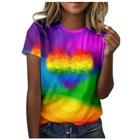Yuanlong Womens Rainbow Stripe Graphic T Shirt Crew Neck Short Sleeve Tee Soft Loose Fit Casual Trendy Dating Streetwear Top