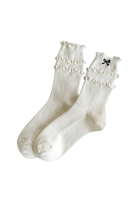 Womens Ruffle Crew Socks Bow Tie Print Rib Knit Soft Girly Sweet Stackable Mid Calf Casual Dress Socks
