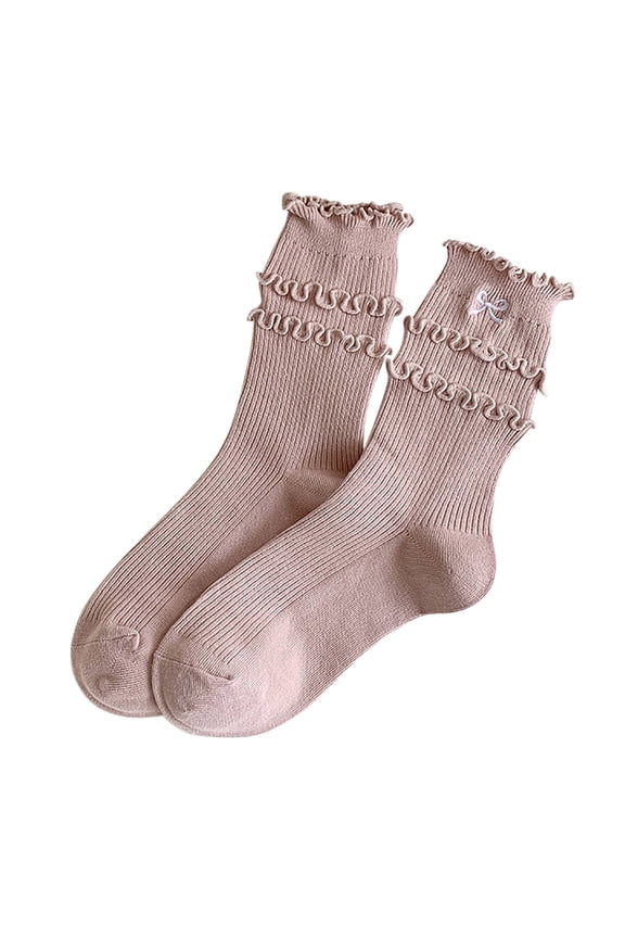 Womens Ruffle Crew Socks Bow Tie Print Rib Knit Soft Girly Sweet Stackable Mid Calf Casual Dress Socks
