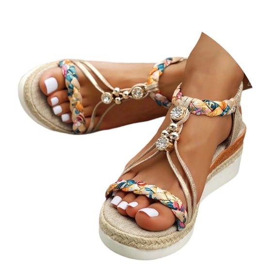 Yuanlong Womens Sandals Boho Espadrilles Sandals With Elastic Ankle Strap Rhinestone Platform Beach Footwear