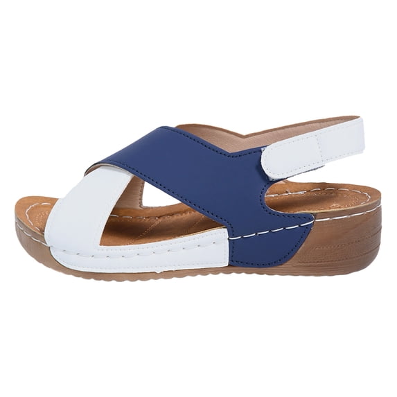 Yuanlong Womens Sandals Crisscross Straps Retro Color Block Shoes Leather Thick Bottom Slingback Sandals