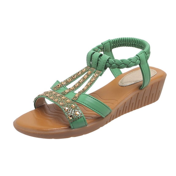 Yuanlong Womens Sandals Elastic Ankle Strap Platform Shoes Rhinestone Decoration Bohemian Open Toe Sandals