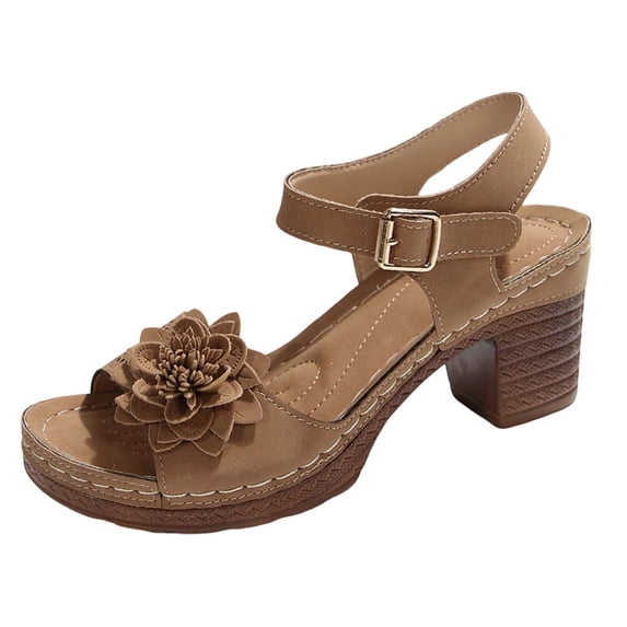 Yuanlong Womens Sandals Flower Ankle Buckle Strap Casual Shoes Open Toe Square Heels Comfort Beach Sandals