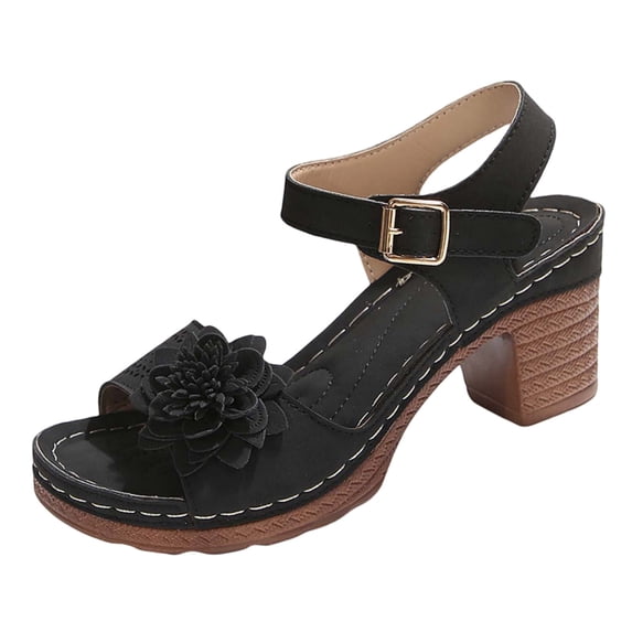 Yuanlong Womens Sandals Flower Ankle Buckle Strap Casual Shoes Open Toe Square Heels Comfort Beach Sandals