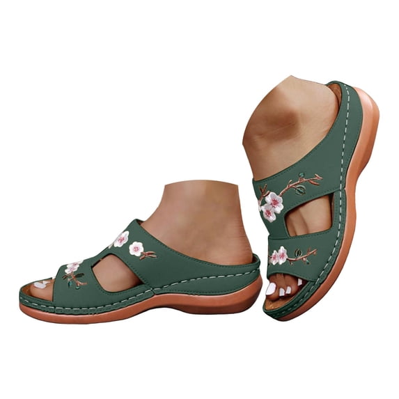 Yuanlong Womens Sandals Footbed Casual Flower Embroidered Shoes Hollow Out Beach Vacation Dressy Slide Sandals