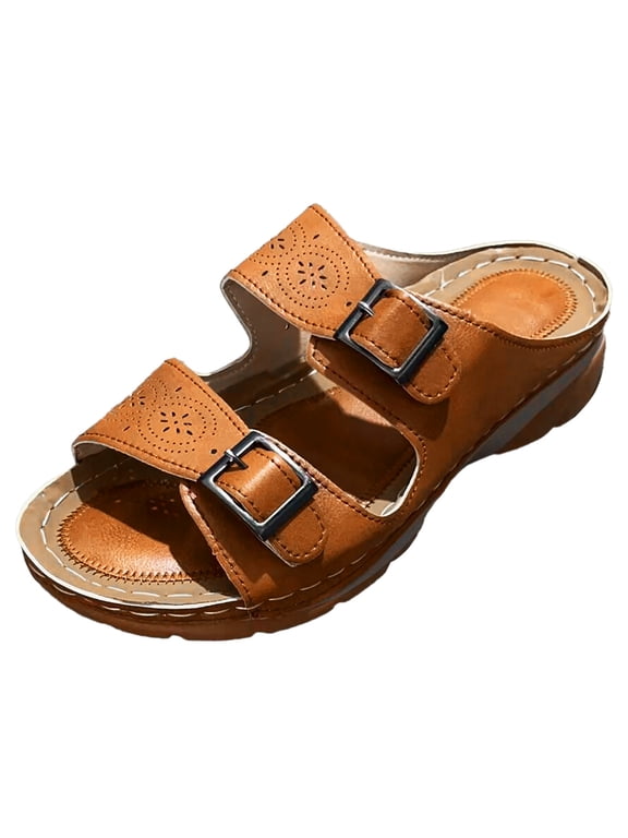 Womens Sandals Hollow Solid Color Buckle Strap Casual Open Toe Wedge Bottom Breathable Slide Sandals