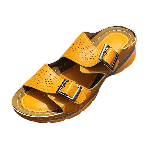 Yuanlong Womens Sandals Hollow Solid Color Buckle Strap Casual Open Toe Wedge Bottom Breathable Slide Sandals