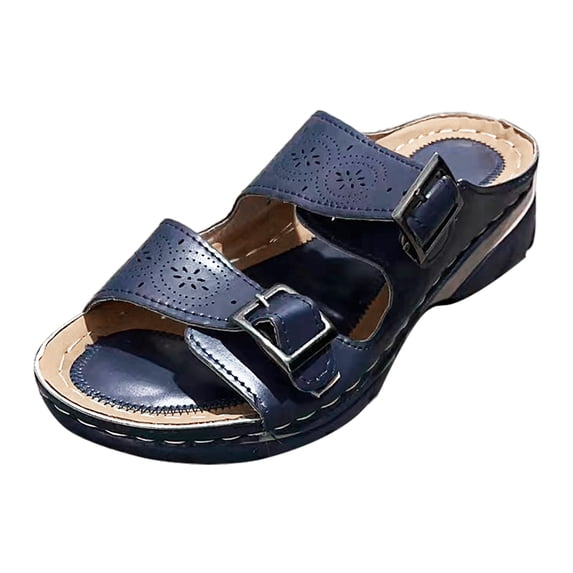 Yuanlong Womens Sandals Hollow Solid Color Buckle Strap Casual Open Toe Wedge Bottom Breathable Slide Sandals