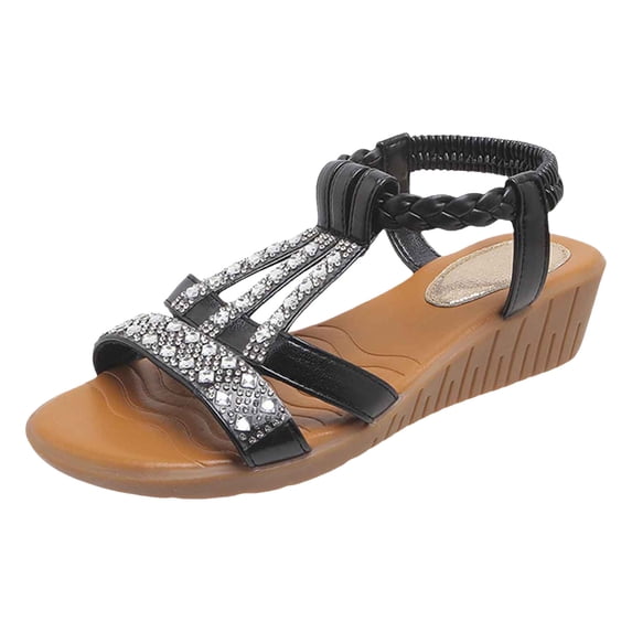 Yuanlong Womens Sandals Rhinestone Decoration Ankle Strap Sandals Beach Holiday Leisure Elegant Bohemian Shoes