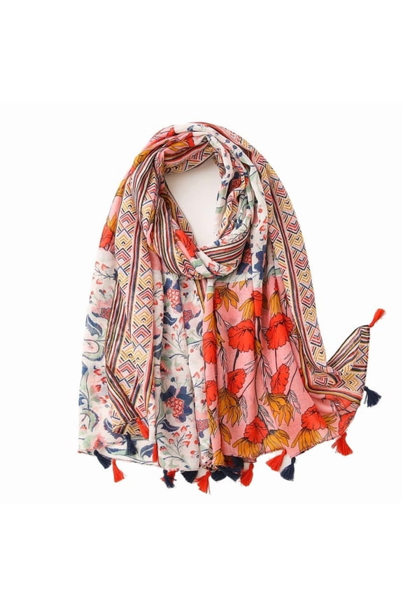 Womens Scarves Multi Color Floral Printed Linen Scarf With Tassels Shawls Wraps Bohemian Lightweight Neck Shawl