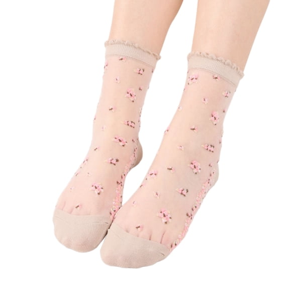 Yuanlong Womens Sheer Mesh Socks Ruffle Floral Print Crew Socks Thin Breathable Comfy Casual Fancy Elegant Socks