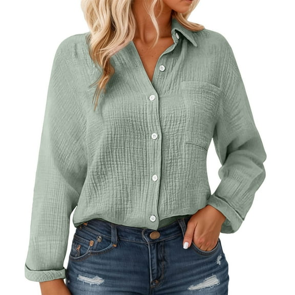 Yuanlong Womens Shirts Crinkled Fabric Long Sleeve Button-Down Blouse Loose Spring Casual Lightweight Comfortable Clothes