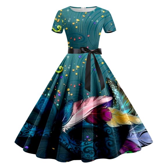 Yuanlong Womens Short Sleeve Dress Carnival Mask Print Crewneck Flared Midi Gown With Belted Spring Outdoor Events Skirts