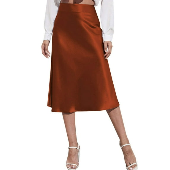 Yuanlong Womens Skirts Elegant A-Line High Waist Solid Color Satin Midi Skirt Summer Work Basic Mid-Calf Shirts For Women