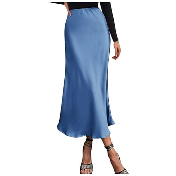 Yuanlong Womens Skirts Elegant Solid Color Satin High Waist Ankle-Length Skirt For Spring Summer Work Long Skirt For Women