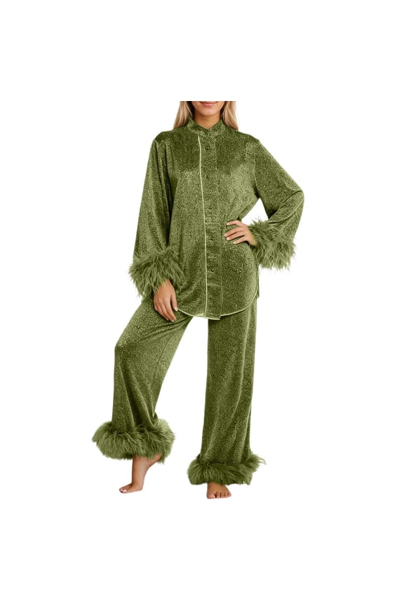 Womens Sleepwear Set Fur Trim Cuffs Plian Shirts +Pants Fluffy 2-Piece Nightwear Winter Nights Warm Cozy Loungewear For Lady