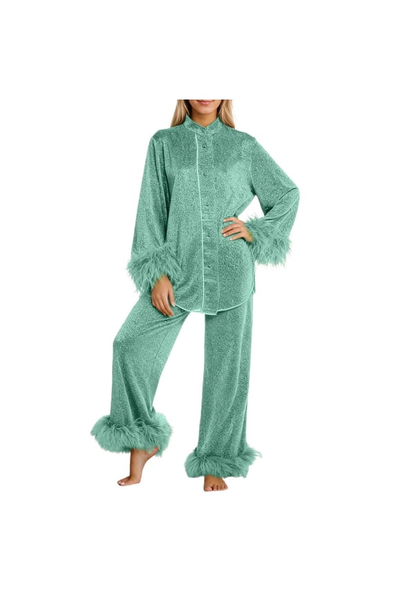 Womens Sleepwear Set Fur Trim Cuffs Plian Shirts +Pants Fluffy 2-Piece Nightwear Winter Nights Warm Cozy Loungewear For Lady