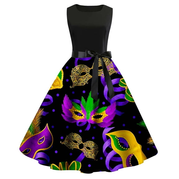 Yuanlong Womens Sleeveless Dresses Carnival Colorful Mask Pattern Bow Belted Midi Gown Valentine Sweet Dates Chic Skirts