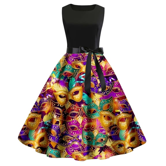 Yuanlong Womens Sleeveless Dresses Carnival Colorful Mask Pattern Bow Belted Midi Gown Valentine Sweet Dates Chic Skirts