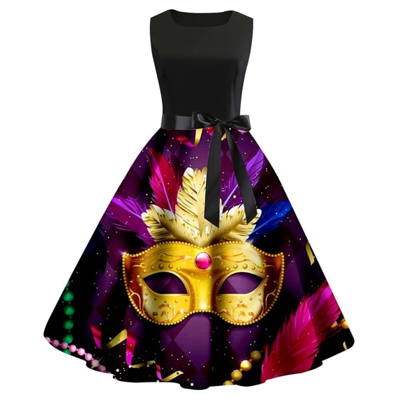 Yuanlong Womens Sleeveless Dresses Carnival Colorful Mask Pattern Bow Belted Midi Gown Valentine Sweet Dates Chic Skirts