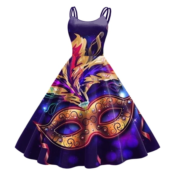 Yuanlong Womens Sling Dresses Carnival Feather Mask Print Midi Gown With Belted Spring Cheerful Outings Lady Float Skirts